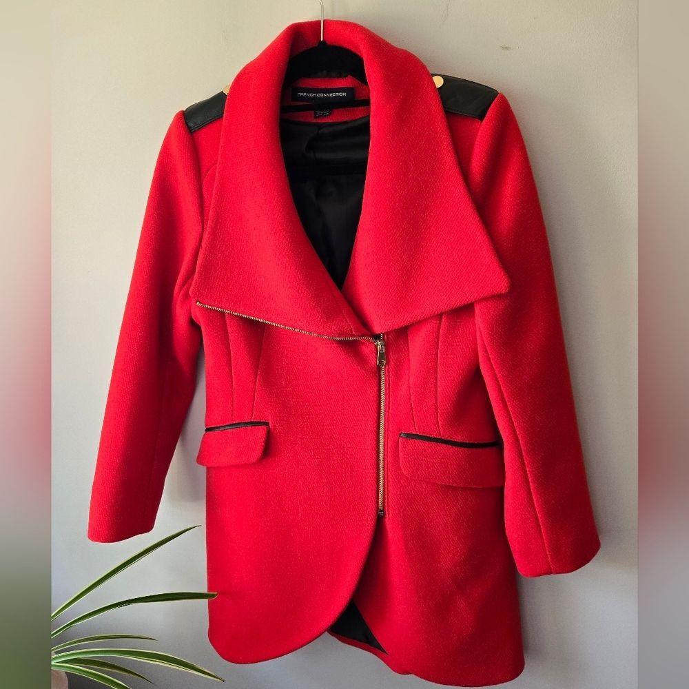French Connection Red Asymmetric Moto Wool Blend Coat - Size 6